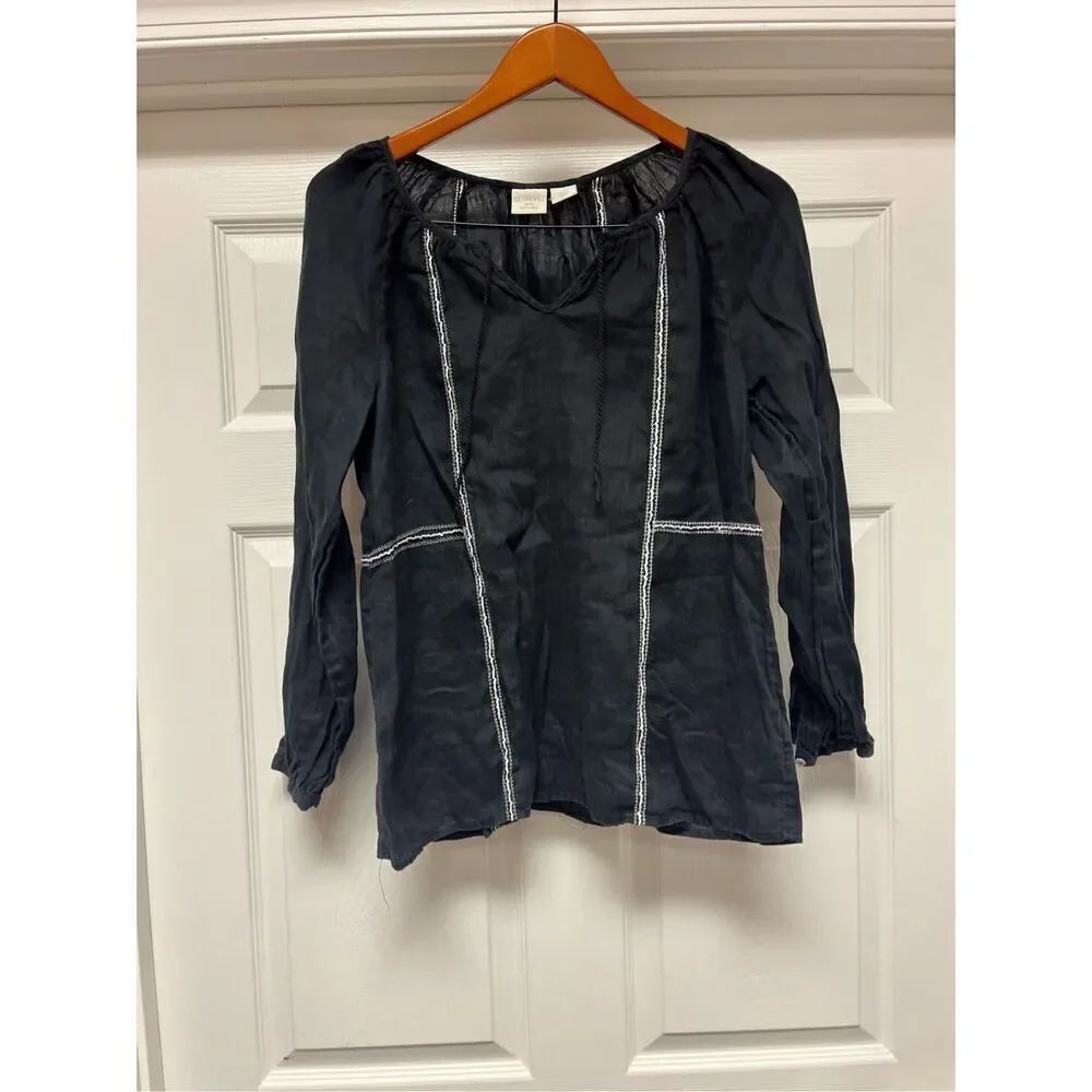 St. Tropez West Navy Embroidered Linen Tie Front Tunic Top sz M EUC